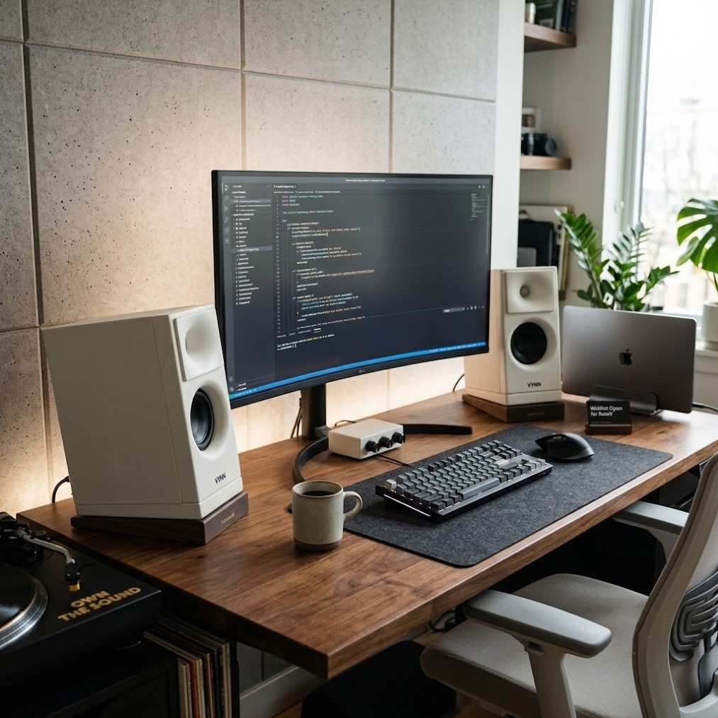 Desk setup with VYNN Flow speaker